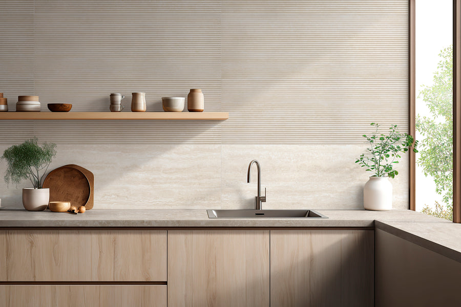 Travertine Veincut Canetto 3D Beige 24X48 Matte Porcelain Ribbed Panel