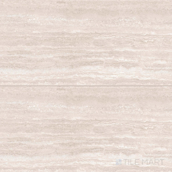 Overview of Travertine Veincut Bianco 24x48 matte porcelain tile featuring subtle white veining and a linear stone effect.