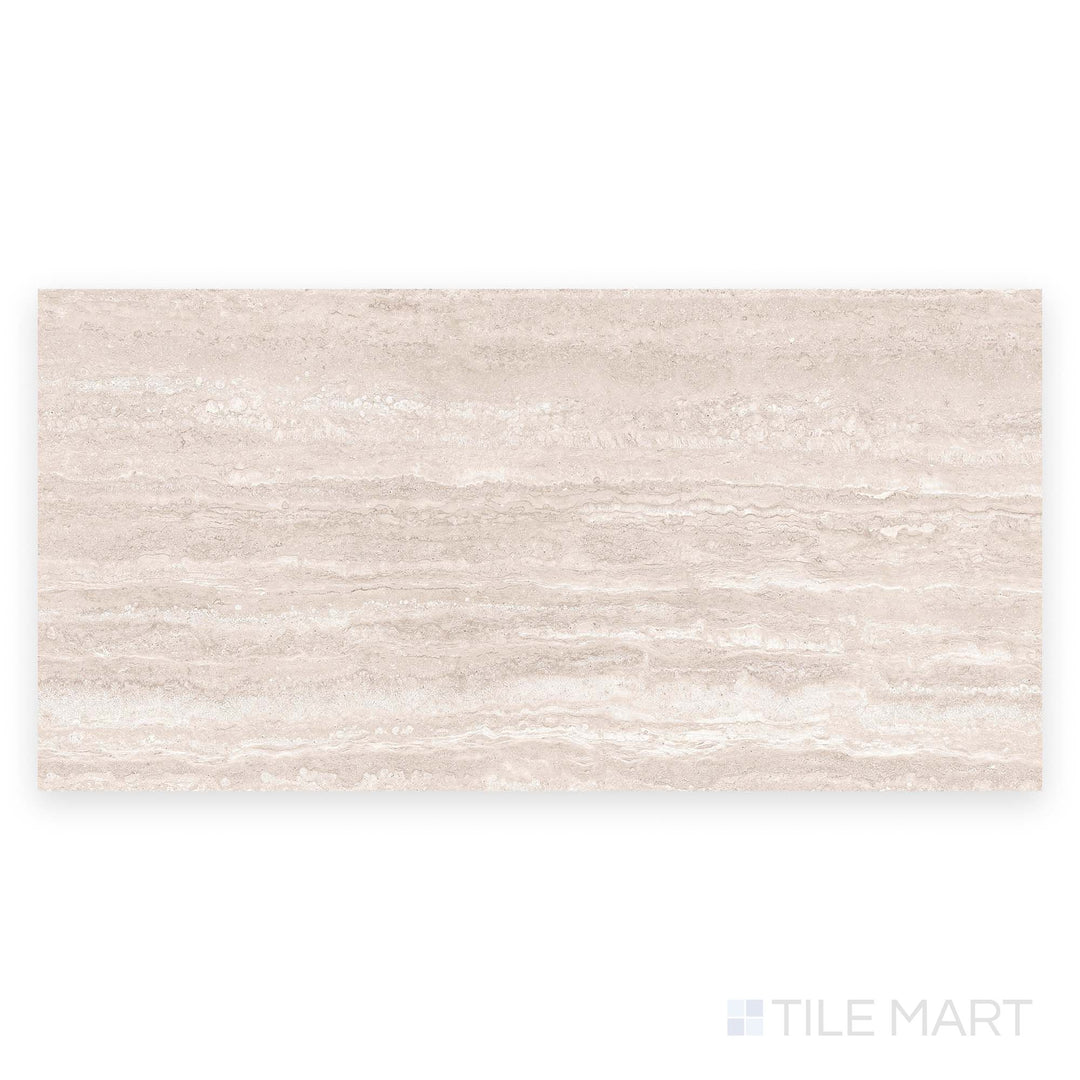 From a top-down perspective, the Travertine Veincut Bianco 24x48 matte porcelain tile displays light veining and a realistic stone texture.