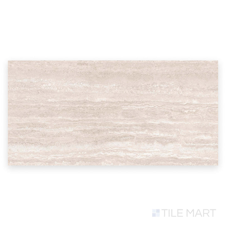 From a top-down perspective, the Travertine Veincut Bianco 24x48 matte porcelain tile displays light veining and a realistic stone texture.