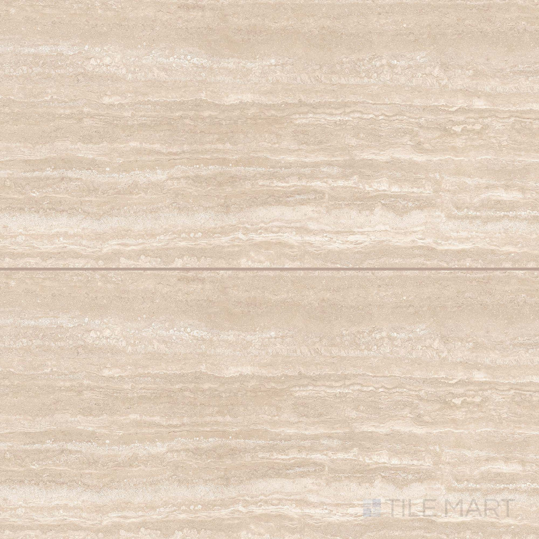Tile arrangement of Travertine Veincut Beige 24x48 matte porcelain tiles, highlighting their warm beige veining and soft, stone-inspired surface.