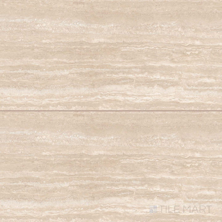 Tile arrangement of Travertine Veincut Beige 24x48 matte porcelain tiles, highlighting their warm beige veining and soft, stone-inspired surface.