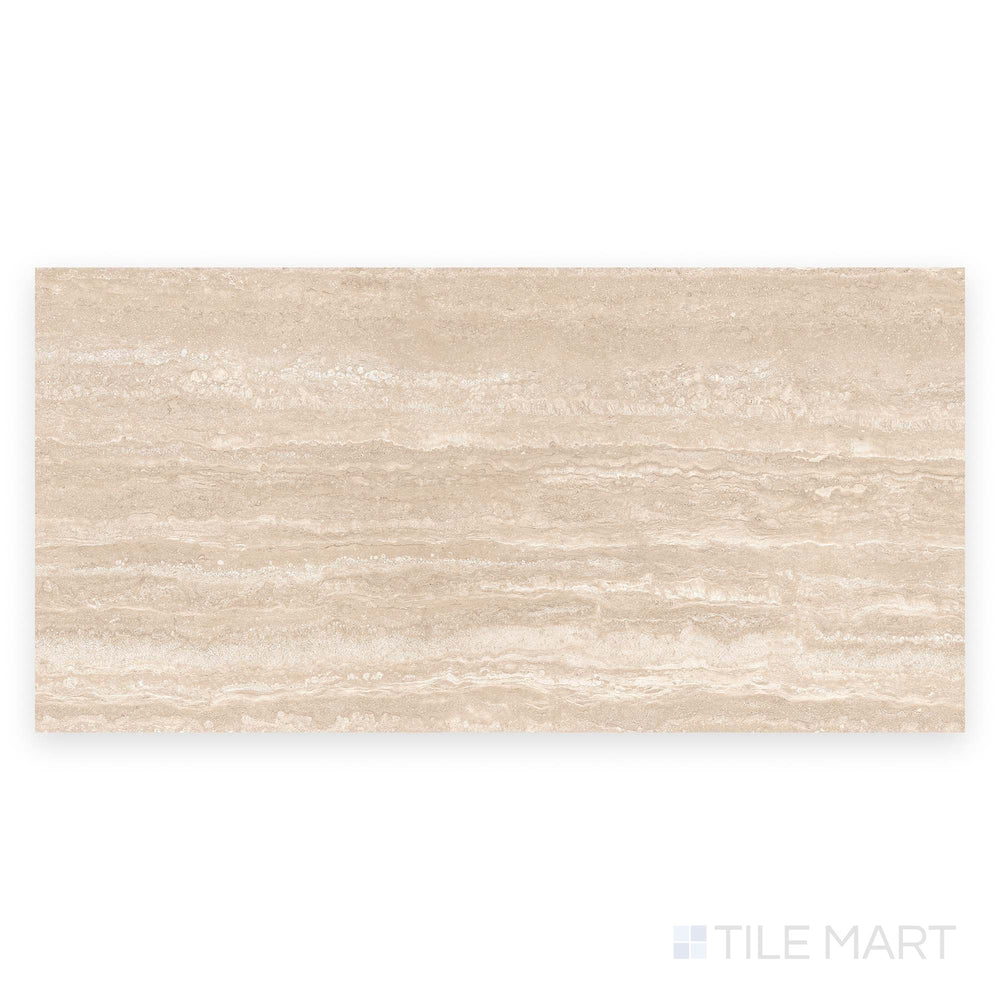 Flat image of Travertine Veincut Beige 24x48 matte porcelain tile showing the full tile’s warm beige tones and linear travertine-style detail.