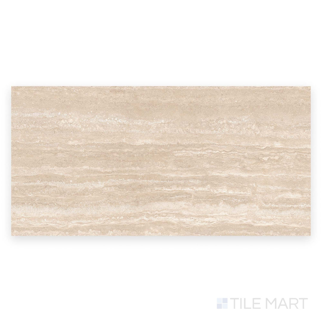 Flat image of Travertine Veincut Beige 24x48 matte porcelain tile showing the full tile’s warm beige tones and linear travertine-style detail.