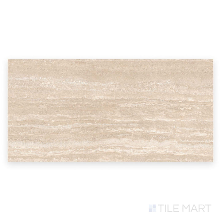 Flat image of Travertine Veincut Beige 24x48 matte porcelain tile showing the full tile’s warm beige tones and linear travertine-style detail.