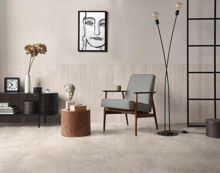 Travertine Veincut Canetto 3D Beige 24X48 Matte Porcelain Ribbed Panel