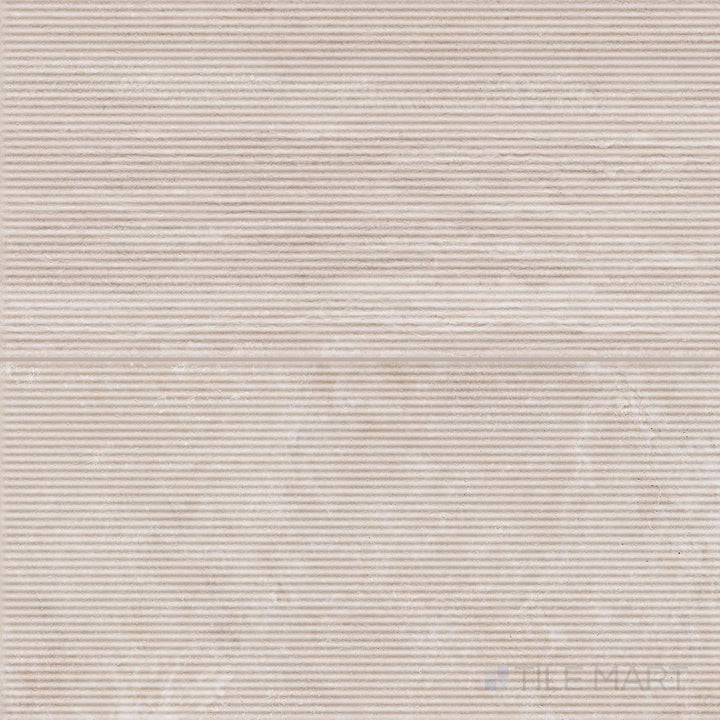 Flat lay of Travertine Veincut Canetto 3D Bianco 24x48 matte porcelain tiles, showcasing subtle raised texture and elegant white veining across the layout.