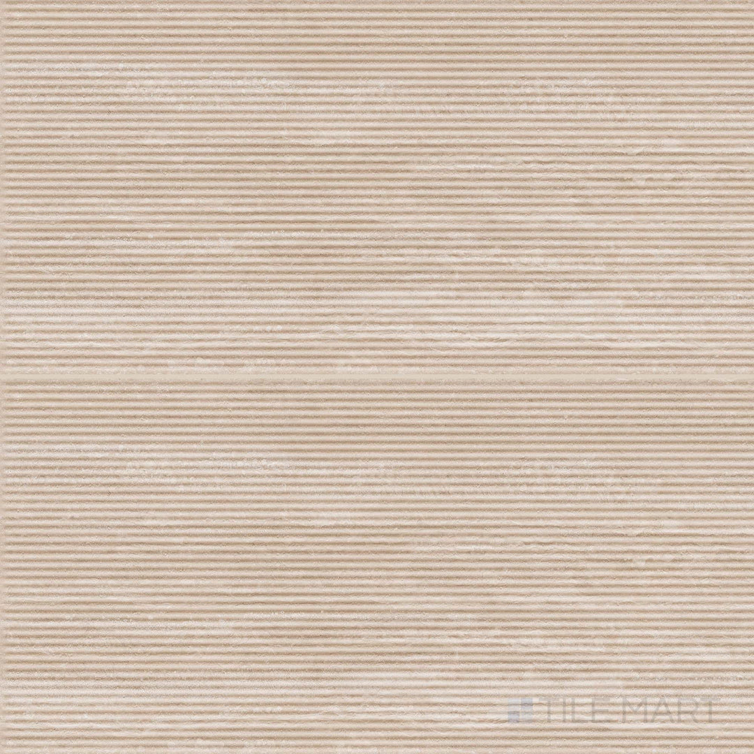 Multi-tile view of Travertine Veincut Canetto 3D Beige 24x48 matte porcelain tiles with dimensional surface detailing and warm travertine tones.