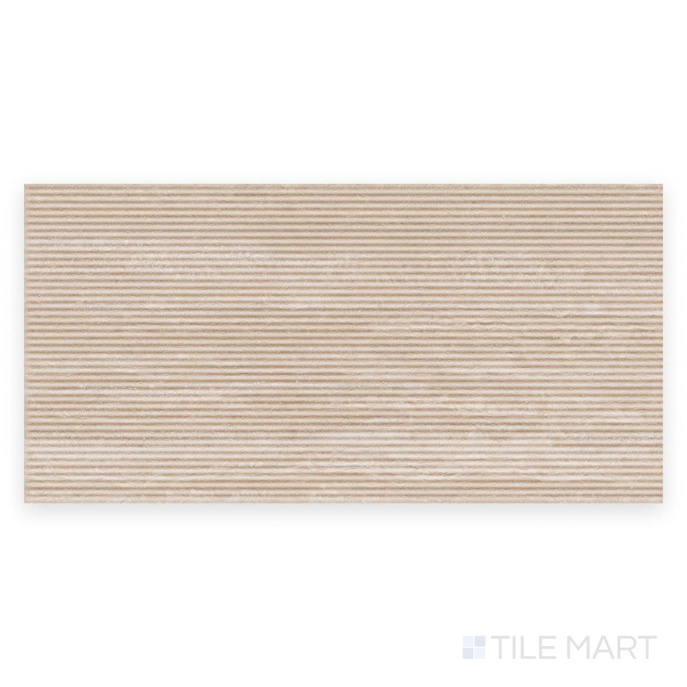 Top-down capture of Travertine Veincut Canetto 3D Beige 24x48 matte porcelain tile, revealing its full rectangular format and warm natural texture.