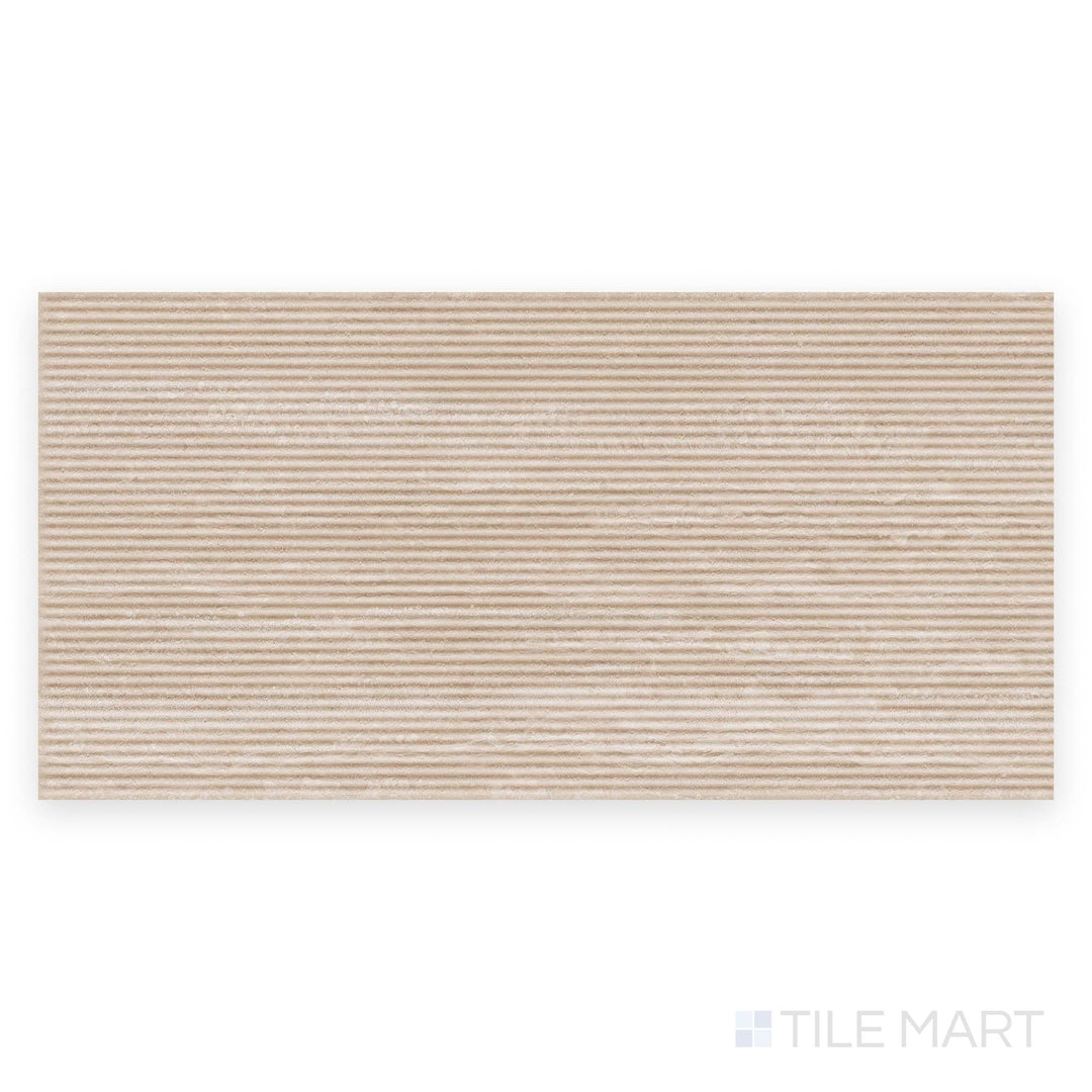 Top-down capture of Travertine Veincut Canetto 3D Beige 24x48 matte porcelain tile, revealing its full rectangular format and warm natural texture.