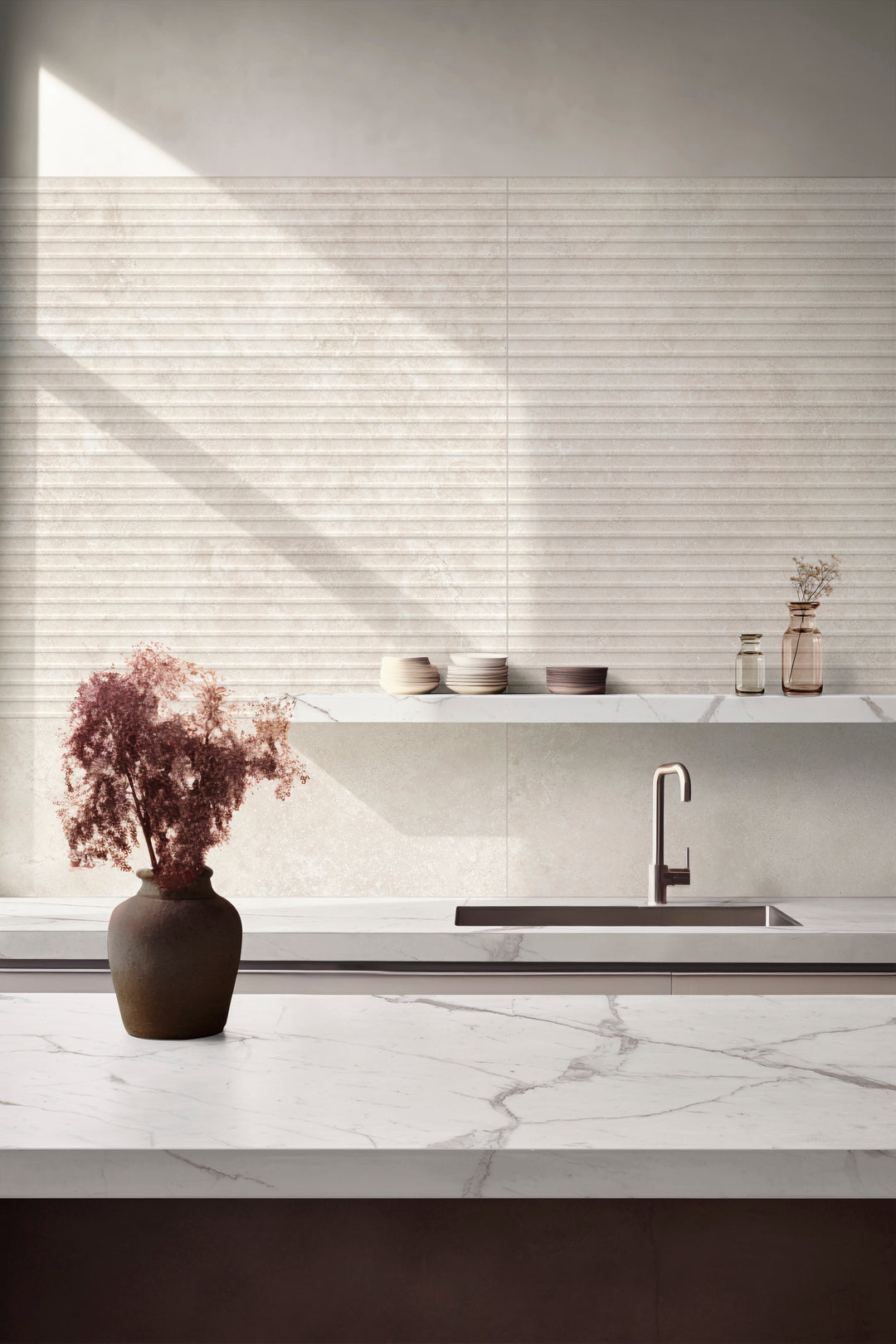Travertine Veincut Dorica 3D Bianco 16X48 Matte Porcelain Ribbed Panel