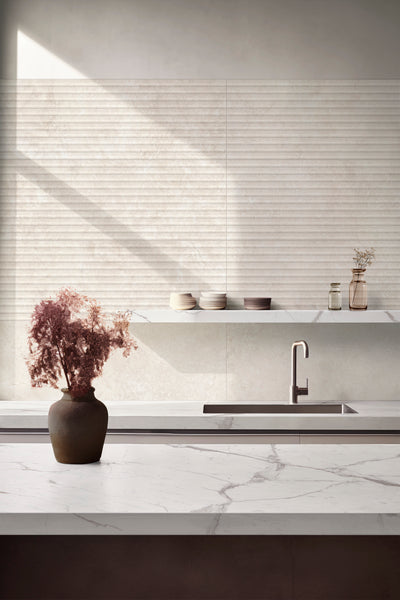 Travertine Veincut Canetto 3D Beige 24X48 Matte Porcelain Ribbed Panel