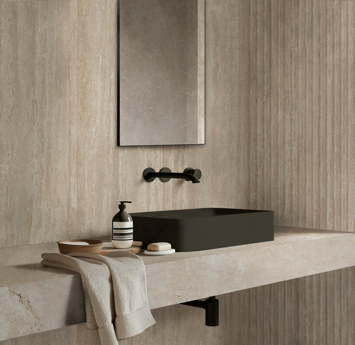Travertine Veincut Dorica 3D Bianco 16X48 Matte Porcelain Ribbed Panel
