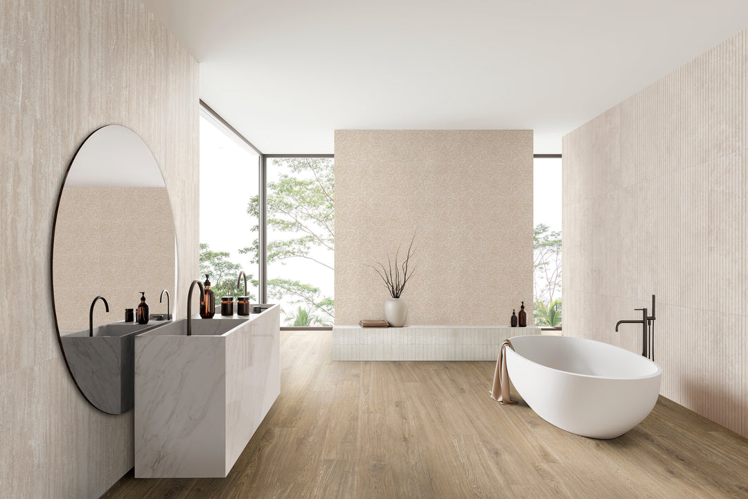 Travertine Veincut Dorica 3D Bianco 16X48 Matte Porcelain Ribbed Panel