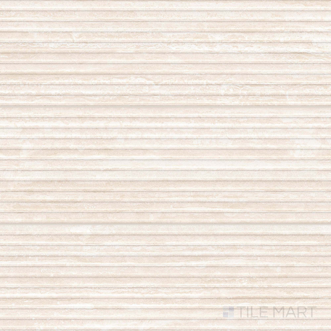 Surface display of Travertine Veincut Dorica 3D Bianco 16x48 matte porcelain tiles, emphasizing linear grooves and a light, veincut stone appearance.
