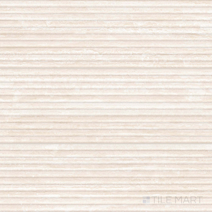 Surface display of Travertine Veincut Dorica 3D Bianco 16x48 matte porcelain tiles, emphasizing linear grooves and a light, veincut stone appearance.