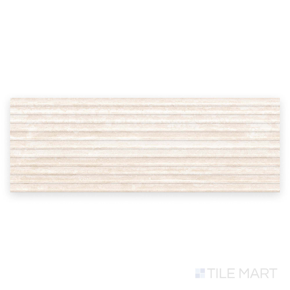 The Travertine Veincut Dorica 3D Bianco 16x48 matte porcelain tile is photographed from directly above, showing sculpted grooves and soft stone tones.