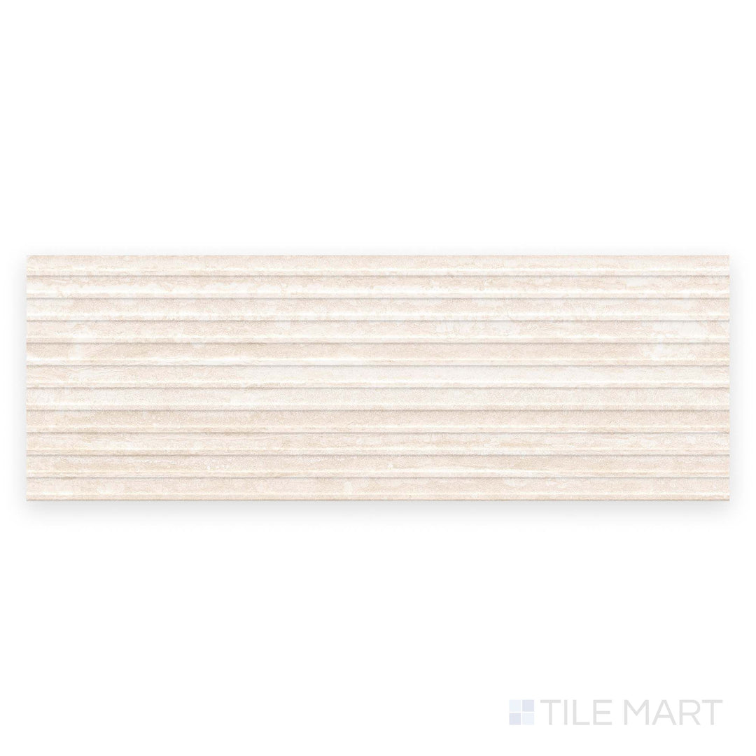 The Travertine Veincut Dorica 3D Bianco 16x48 matte porcelain tile is photographed from directly above, showing sculpted grooves and soft stone tones.