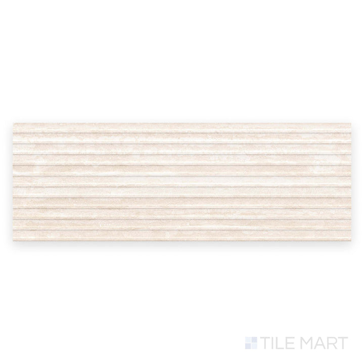 The Travertine Veincut Dorica 3D Bianco 16x48 matte porcelain tile is photographed from directly above, showing sculpted grooves and soft stone tones.