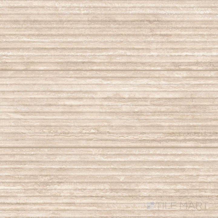 Grid layout of Travertine Veincut Dorica 3D Beige 16x48 matte porcelain tiles with carved line texture and earthy beige coloration.