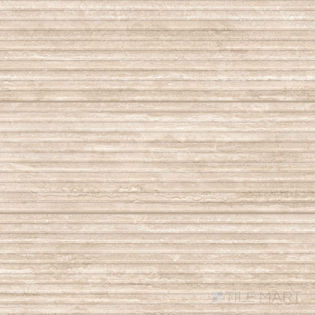 Grid layout of Travertine Veincut Dorica 3D Beige 16x48 matte porcelain tiles with carved line texture and earthy beige coloration.