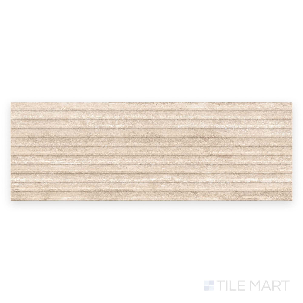 This full-tile top view features the Travertine Veincut Dorica 3D Beige 16x48 matte porcelain tile, highlighting its warm color and linear carving.