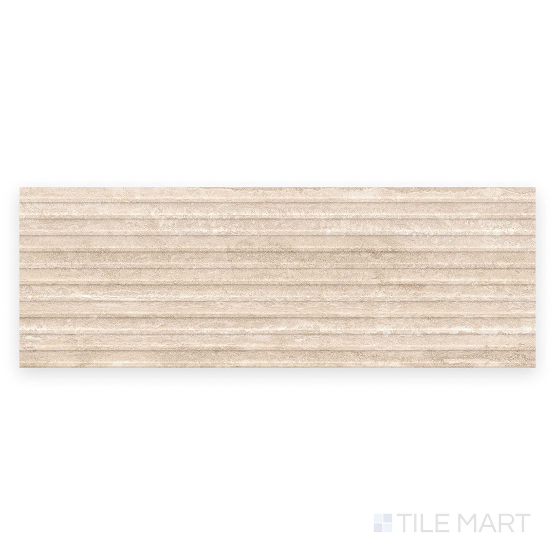 This full-tile top view features the Travertine Veincut Dorica 3D Beige 16x48 matte porcelain tile, highlighting its warm color and linear carving.