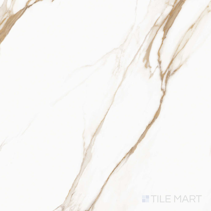 Display shot of Prestigio Calacatta Oro 48x48 polished stone tiles, featuring brilliant white background and bold gold marble veining.