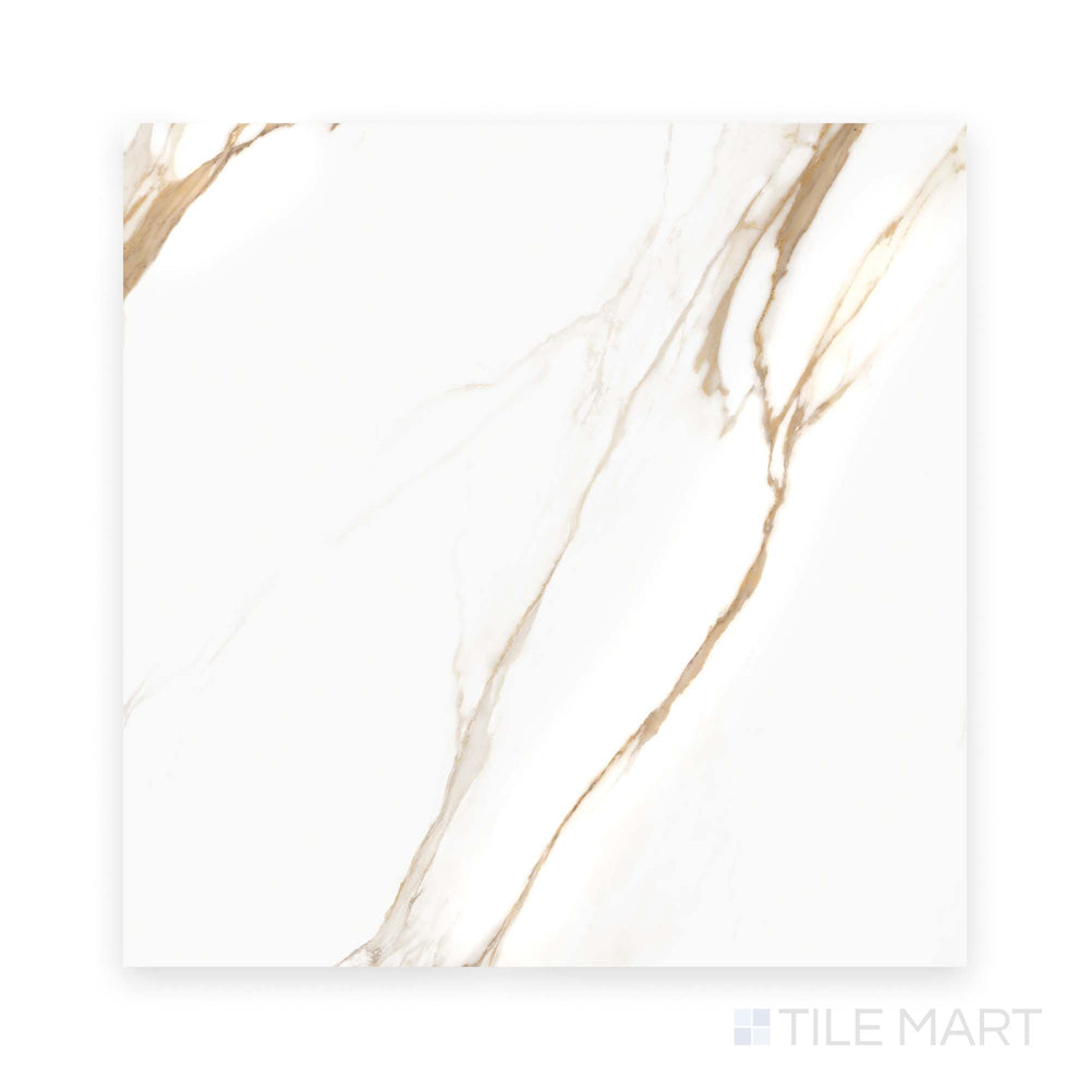 Shooting from a top-down perspective, this Prestigio Calacatta Oro 48x48 polished stone tile showcases bold golden veining on a white polished field.