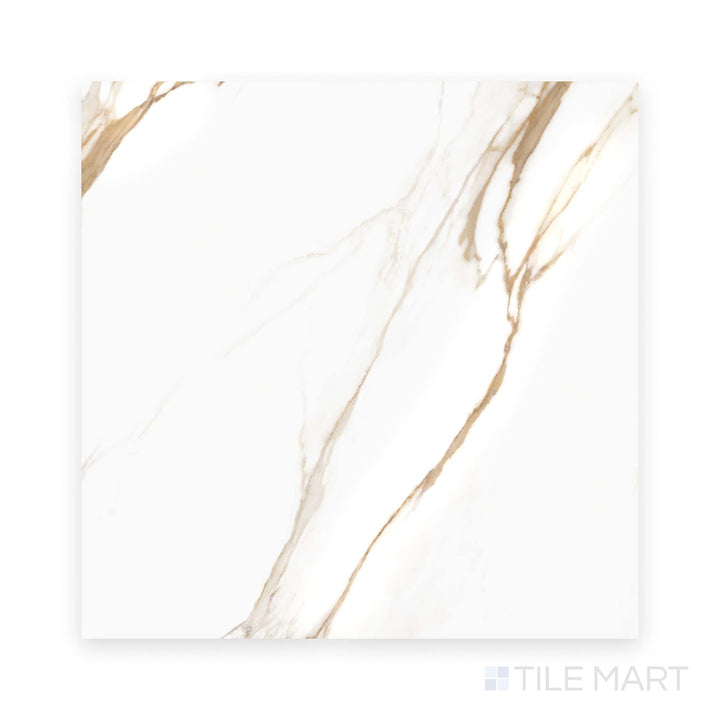 Shooting from a top-down perspective, this Prestigio Calacatta Oro 48x48 polished stone tile showcases bold golden veining on a white polished field.