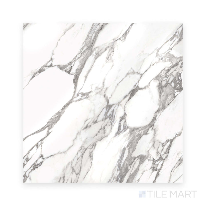 Top view of a full Prestigio Arabescatto 48x48 polished stone tile, featuring elegant gray veining and a refined glossy surface.