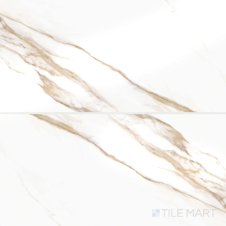 Tile spread of Prestigio Calacatta Oro 24x48 polished stone tiles, emphasizing long-format design and luxurious golden veining patterns.