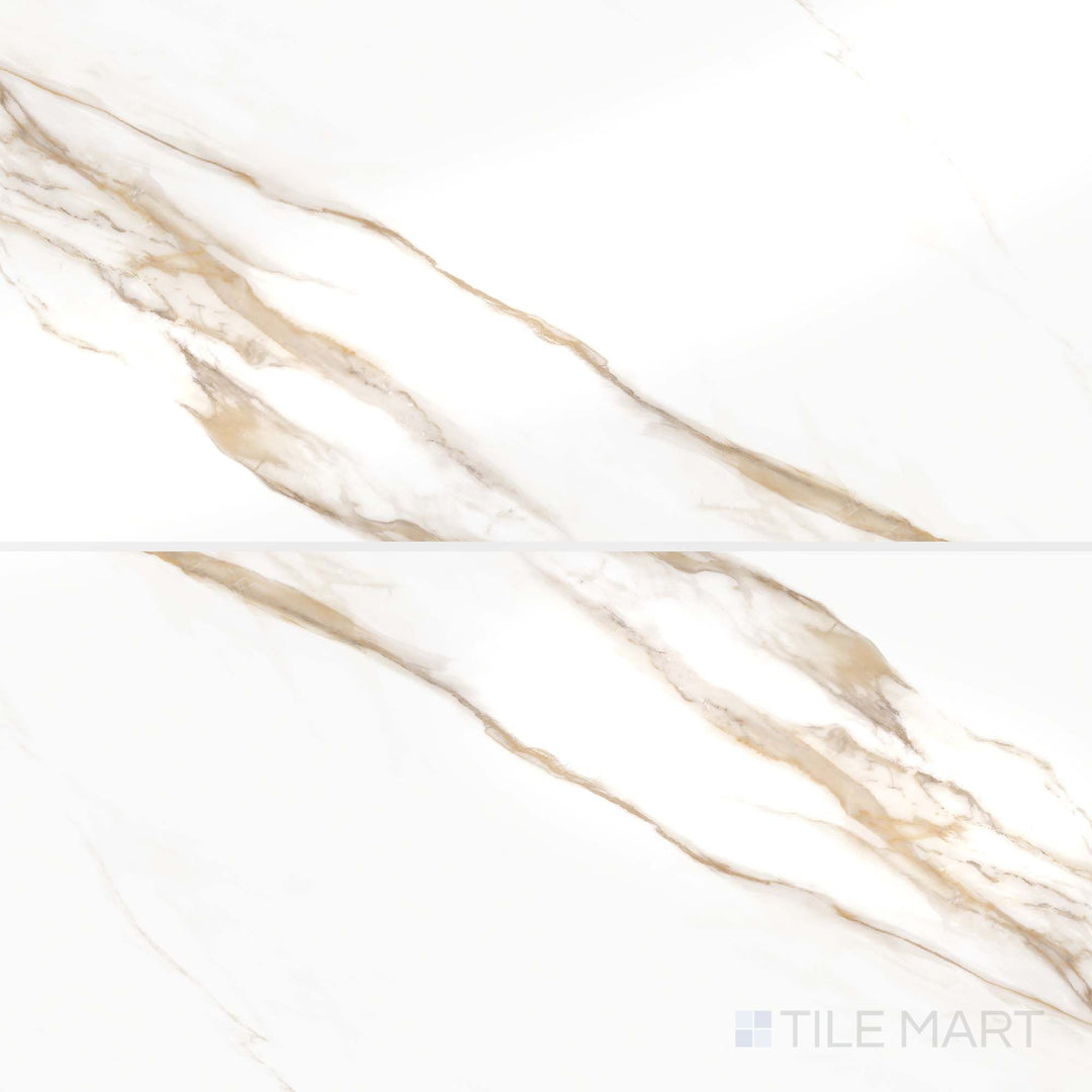 Tile spread of Prestigio Calacatta Oro 24x48 polished stone tiles, emphasizing long-format design and luxurious golden veining patterns.