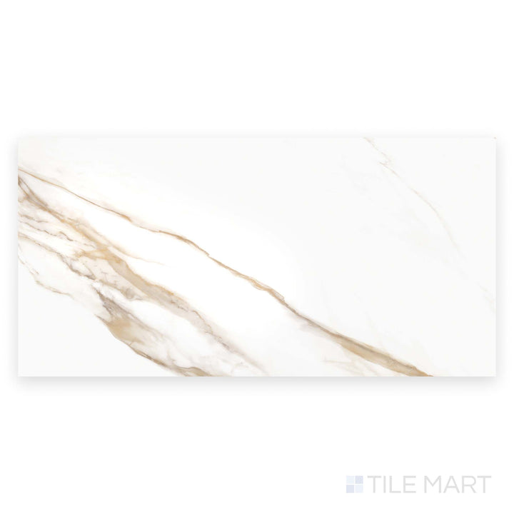 Captured from above, the Prestigio Calacatta Oro 24x48 polished stone tile presents classic marble aesthetics with long golden veining.