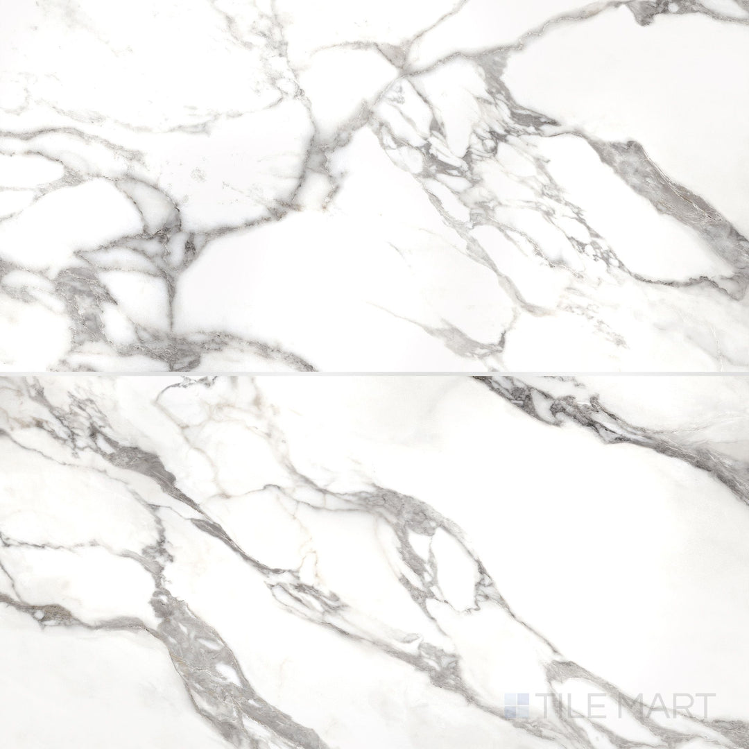 Arrangement of Prestigio Arabescatto 24x48 polished stone tiles with classic gray marble detailing and a glossy finish across the layout.