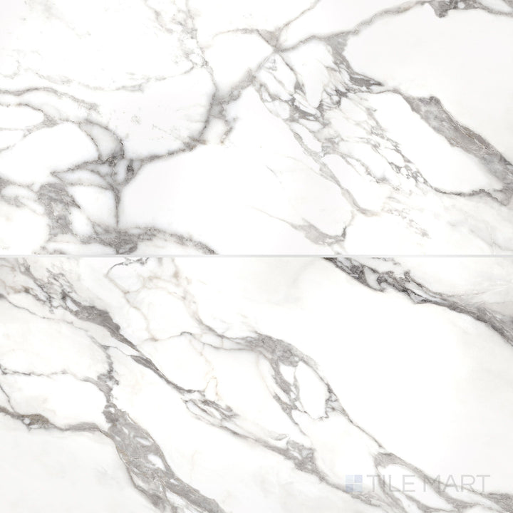 Arrangement of Prestigio Arabescatto 24x48 polished stone tiles with classic gray marble detailing and a glossy finish across the layout.