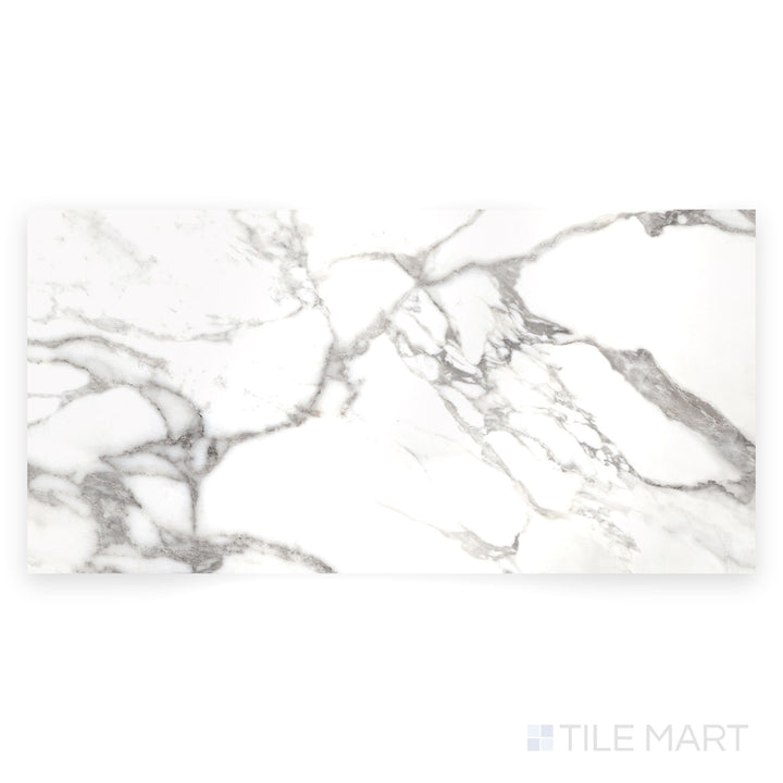 Full tile photo of Prestigio Arabescatto 24x48 polished stone tile seen from above, showing intricate gray marble patterns on a polished surface.
