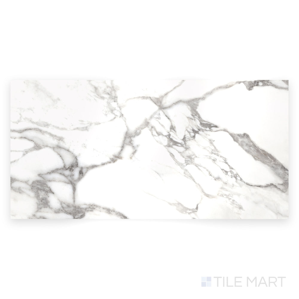 Full tile photo of Prestigio Arabescatto 24x48 polished stone tile seen from above, showing intricate gray marble patterns on a polished surface.
