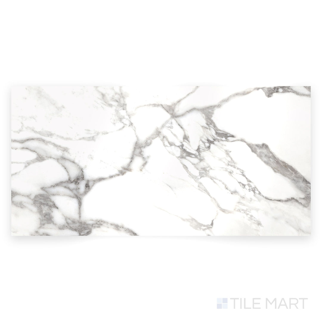 Full tile photo of Prestigio Arabescatto 24x48 polished stone tile seen from above, showing intricate gray marble patterns on a polished surface.