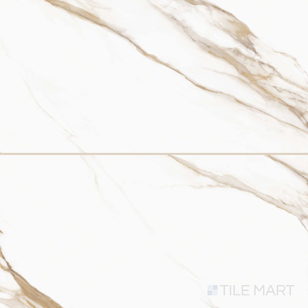 Grouped view of Prestigio Calacatta Oro 24x48 matte stone tiles, showcasing natural golden veining and a smooth, understated matte surface.