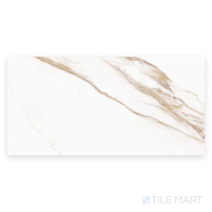Flat top-down image of Prestigio Calacatta Oro 24x48 matte stone tile, displaying soft golden veining with a smooth, natural finish.