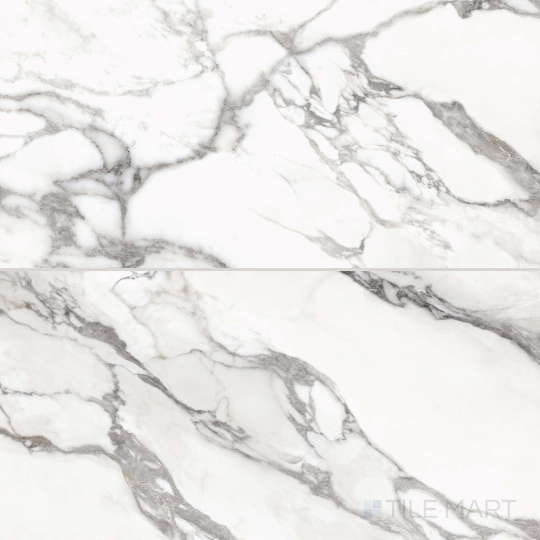 Tile layout of Prestigio Arabescatto 24x48 matte stone tiles, highlighting delicate gray veining and a soft natural stone texture.