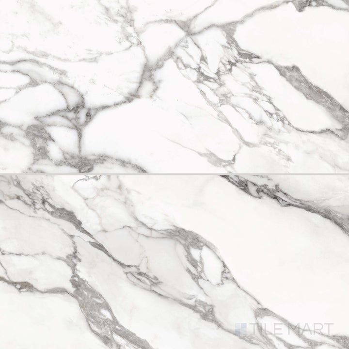 Tile layout of Prestigio Arabescatto 24x48 matte stone tiles, highlighting delicate gray veining and a soft natural stone texture.