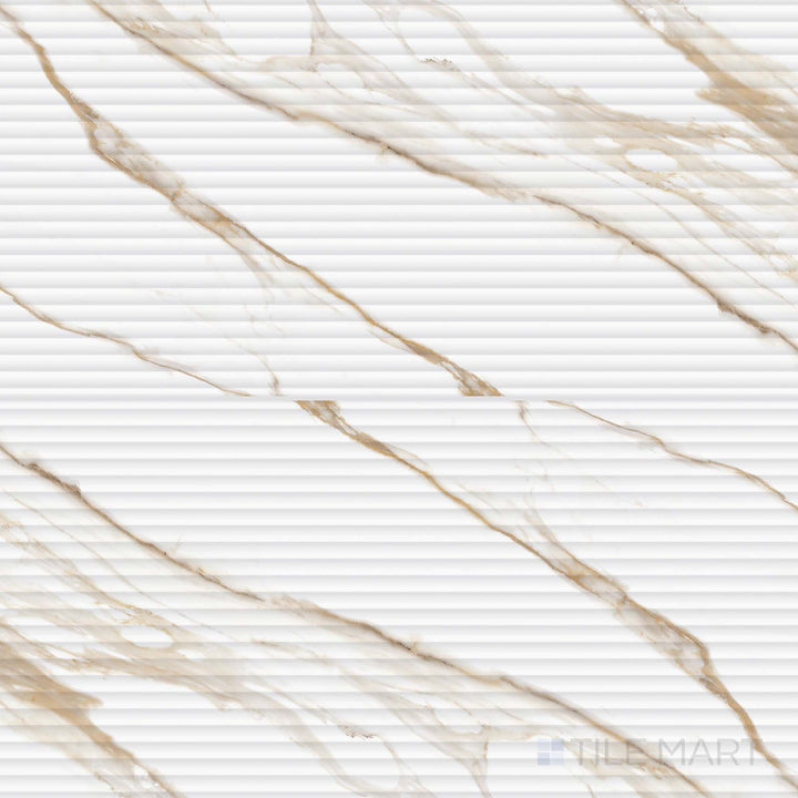 Full tile display of Prestigio Calacatta Oro 3D Deco 24x48 matte stone tiles, featuring raised decorative detail and rich marble veining.