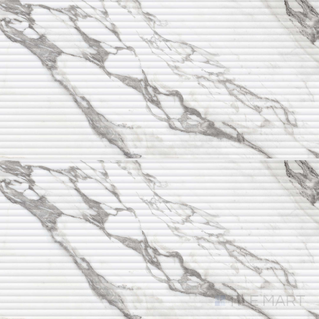 Display composition of Prestigio Arabescatto 3D Deco 24x48 matte stone tiles with sculpted textures and elegant gray-on-white marble styling.