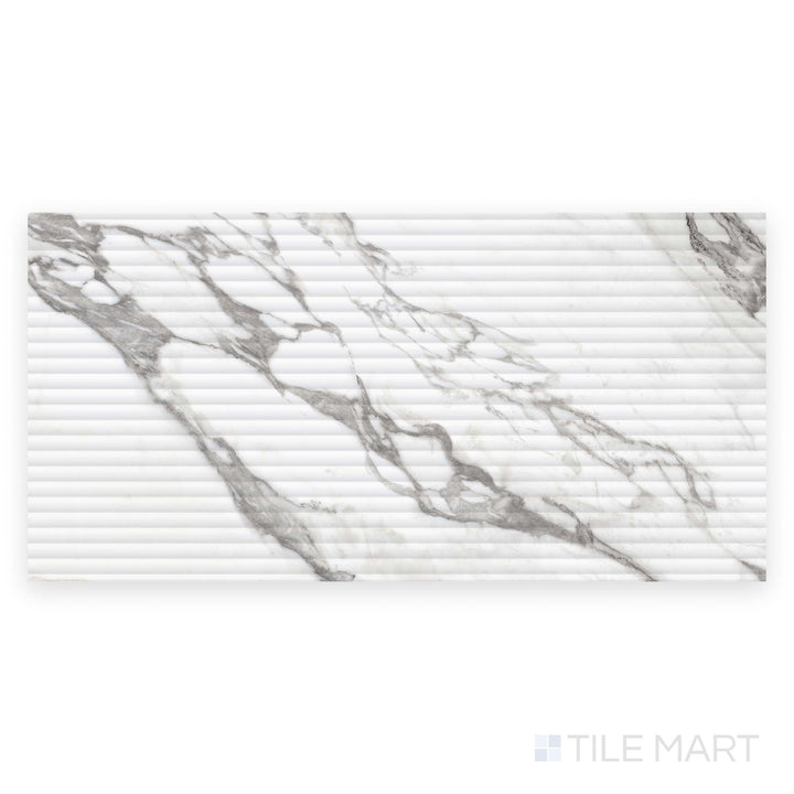 This top-down image captures the Prestigio Arabescatto 3D Deco 24x48 matte stone tile in full, with carved texture and dynamic gray veining.