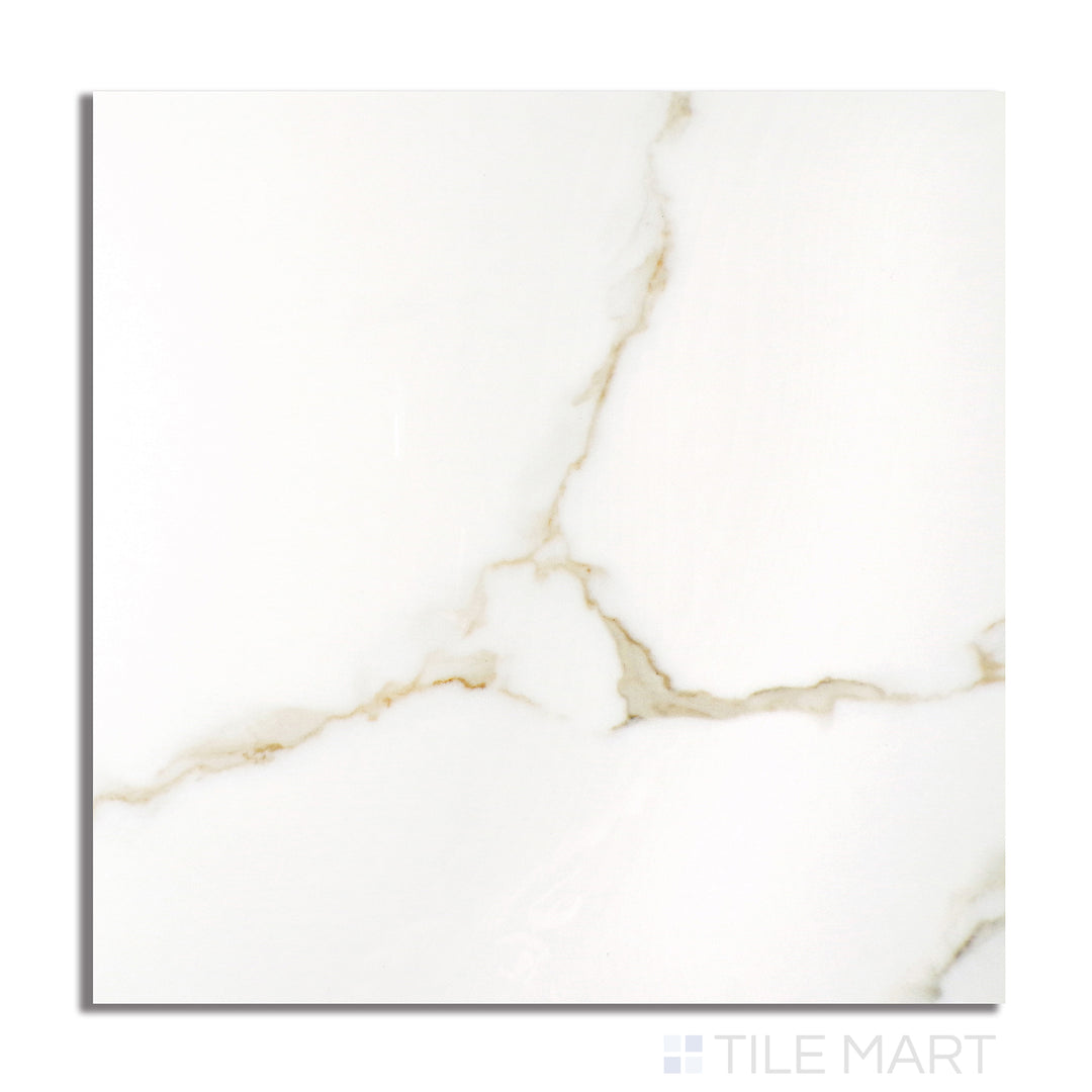 Top-down shot of Aston Gold 48x48 polished porcelain tile, featuring radiant golden veining on a glossy white surface with marble-like elegance.