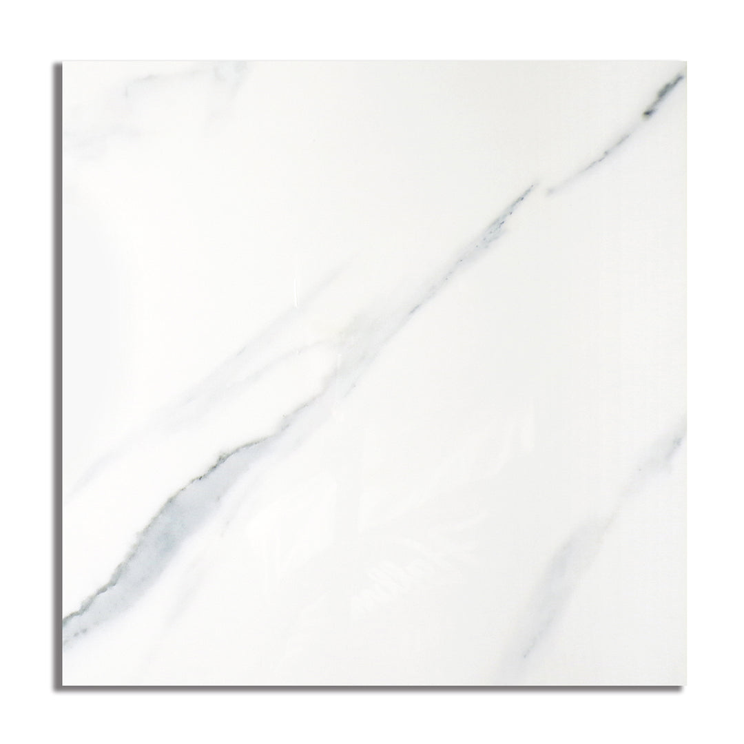 Flat layout of Aston White 48x48 polished porcelain tile, showing a clean bright surface with subtle veining and high-gloss reflection.