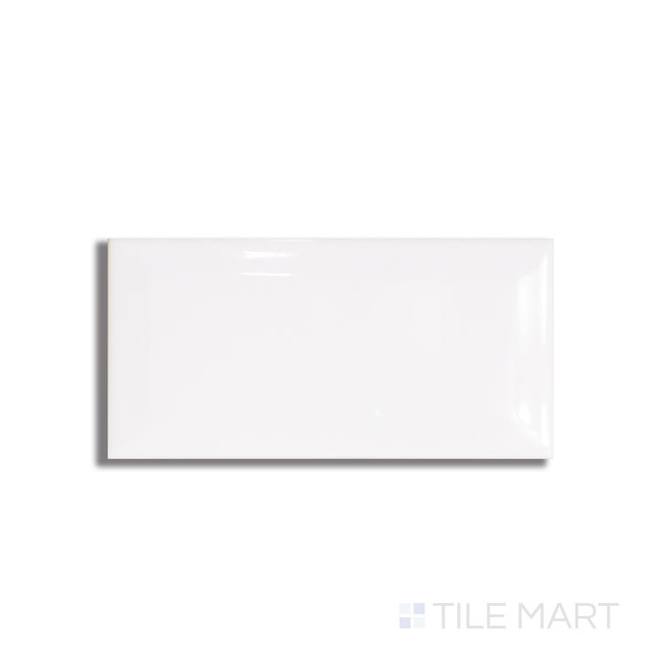 Flat layout of Basics White 3x6 beveled glossy ceramic tile, featuring raised edges and high-shine finish for added dimension.