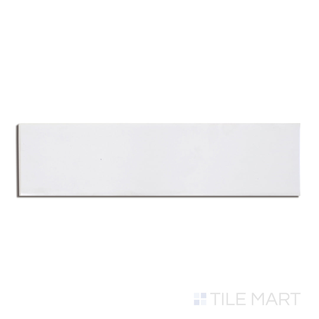 Top-down image of Basics White 3x12 glossy ceramic tile with 3" bullnose, showcasing a sleek polished surface and rounded short edge.